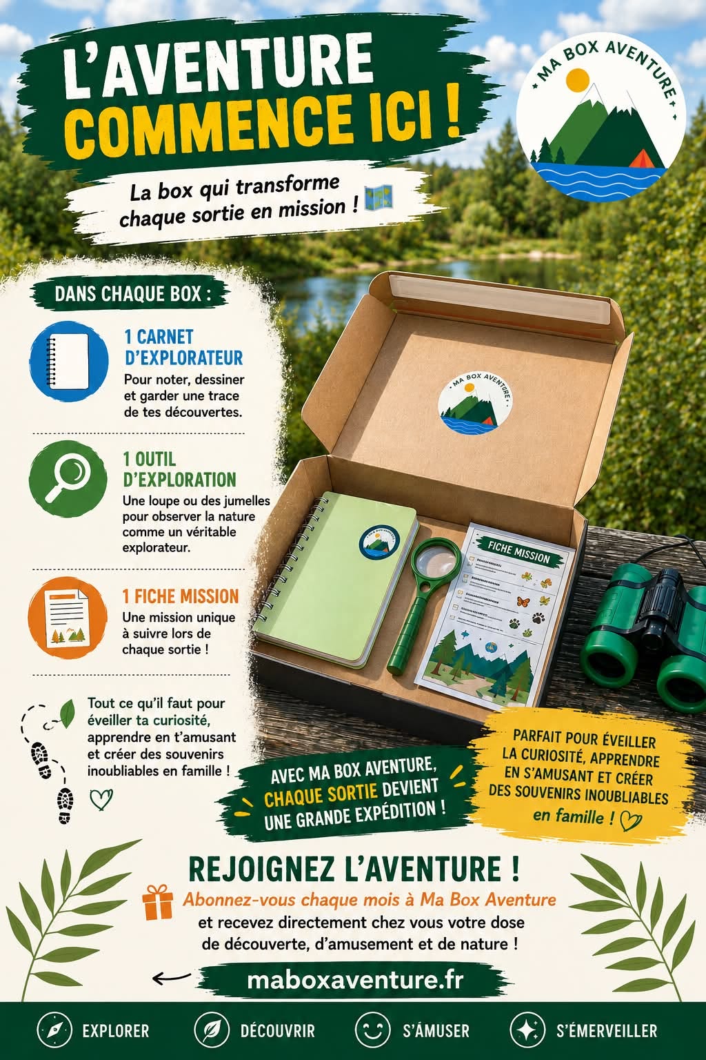 La box ouverte sur une table de bois au bord de l'eau : le carnet d'explorateur, la loupe, la fiche mission et les jumelles.